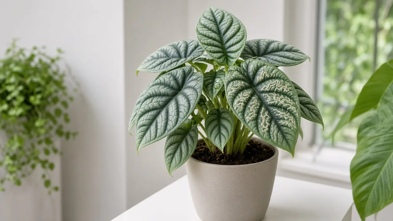 Leaf miners on Alocasia Silver Dragon - pale serpentine tunnels visible on thick silvery bullate leaves