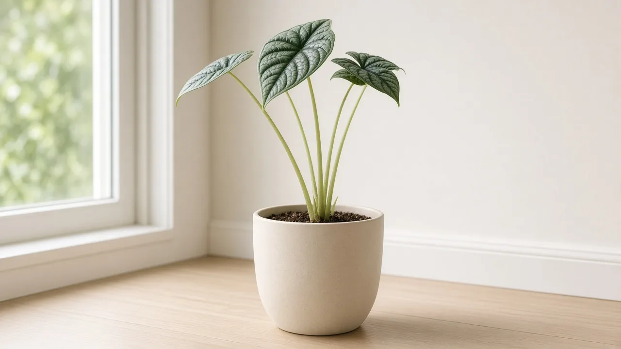 Leggy growth on Alocasia Silver Dragon - compact jewel alocasia leaning toward window with long bare petioles between small silvery-green bullate leaves