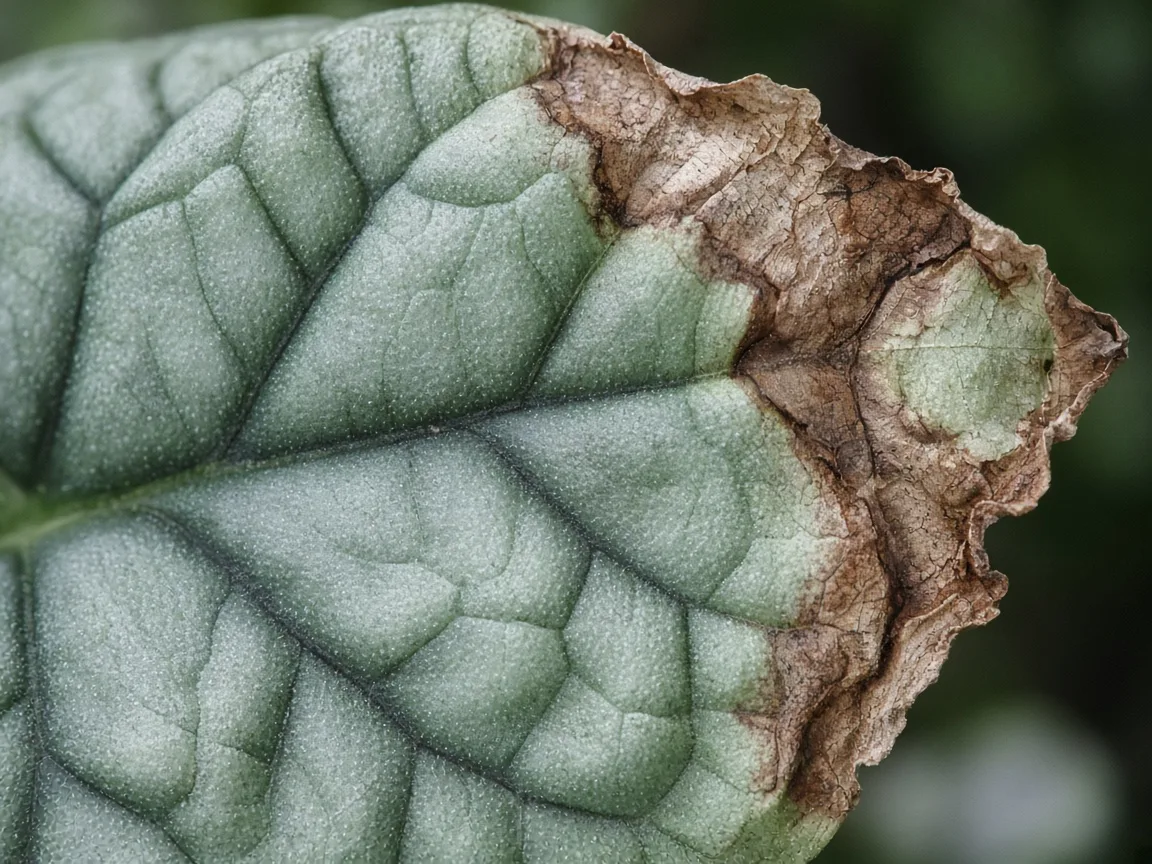 Close-up of low humidity on Alocasia Silver Dragon - papery brown margins on silvery bullate leaf with dark veining