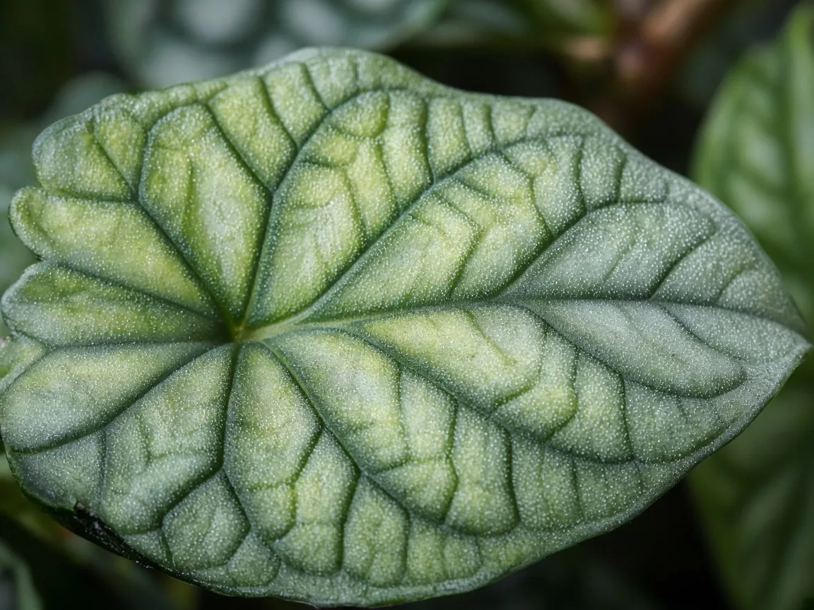 Close-up of interveinal chlorosis on older Silver Dragon bullate leaf