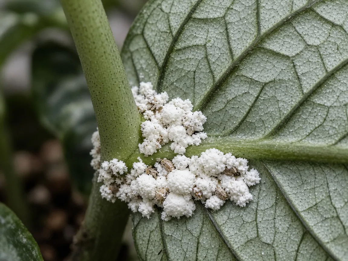 Close-up of white cottony mealybug wax clusters in a petiole axil on bullate Alocasia Silver Dragon foliage