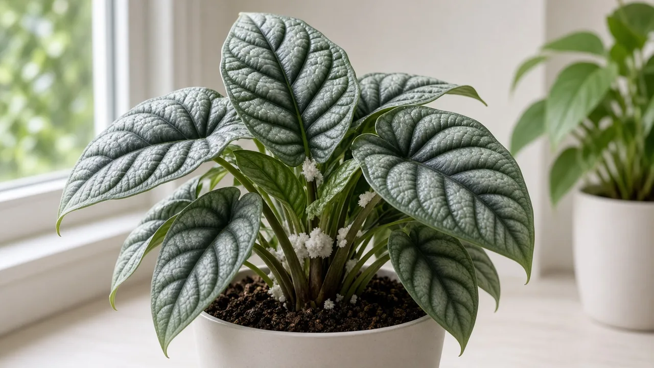 Mealybugs on Alocasia Silver Dragon - white cottony wax clusters in petiole axils on bullate silvery-green leaves