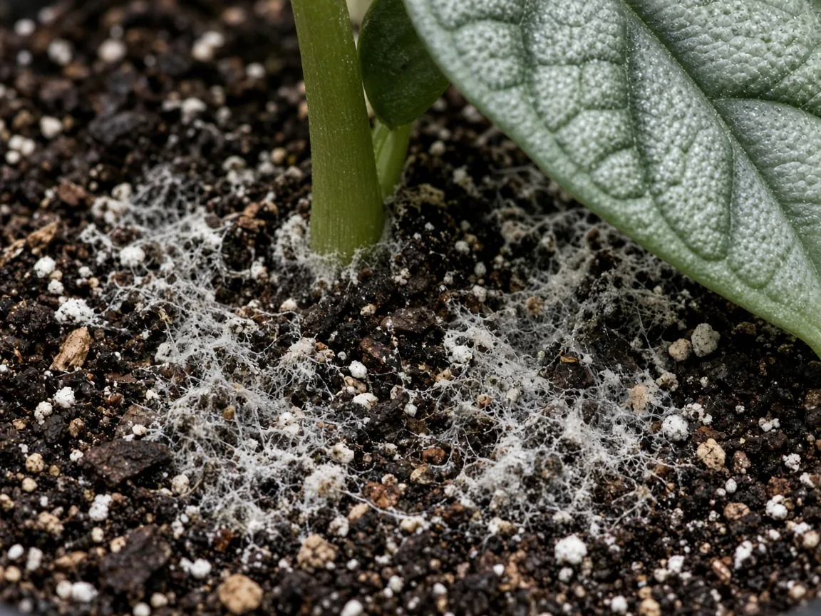 Close-up of mold on soil on Alocasia Silver Dragon - white fuzzy threads on damp aroid mix at the base of a bullate silver-green leaf