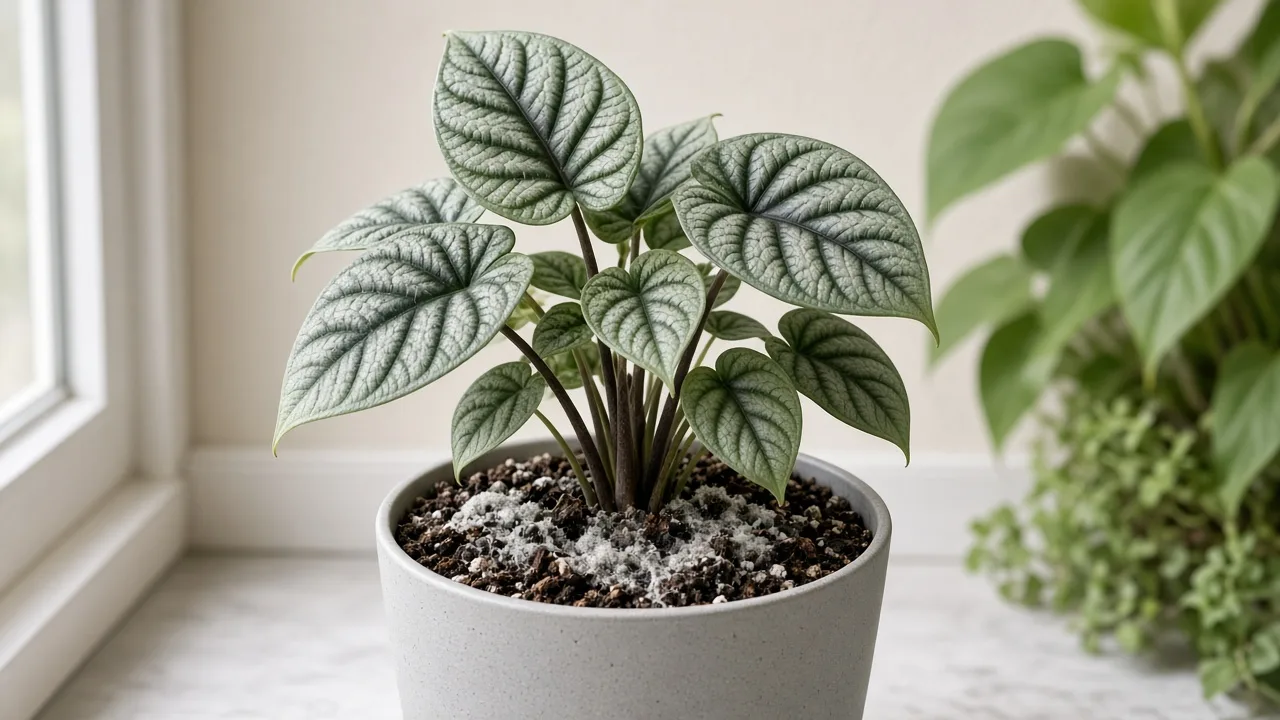 Mold on soil on Alocasia Silver Dragon - white fuzzy growth on damp chunky aroid mix at the base of bullate silver-green leaves