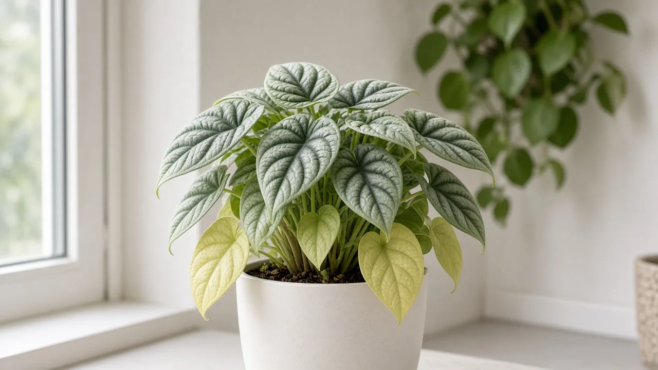 Nitrogen deficiency on Alocasia Silver Dragon - oldest lower bullate leaves uniformly pale yellow-green below silvery newer crown foliage