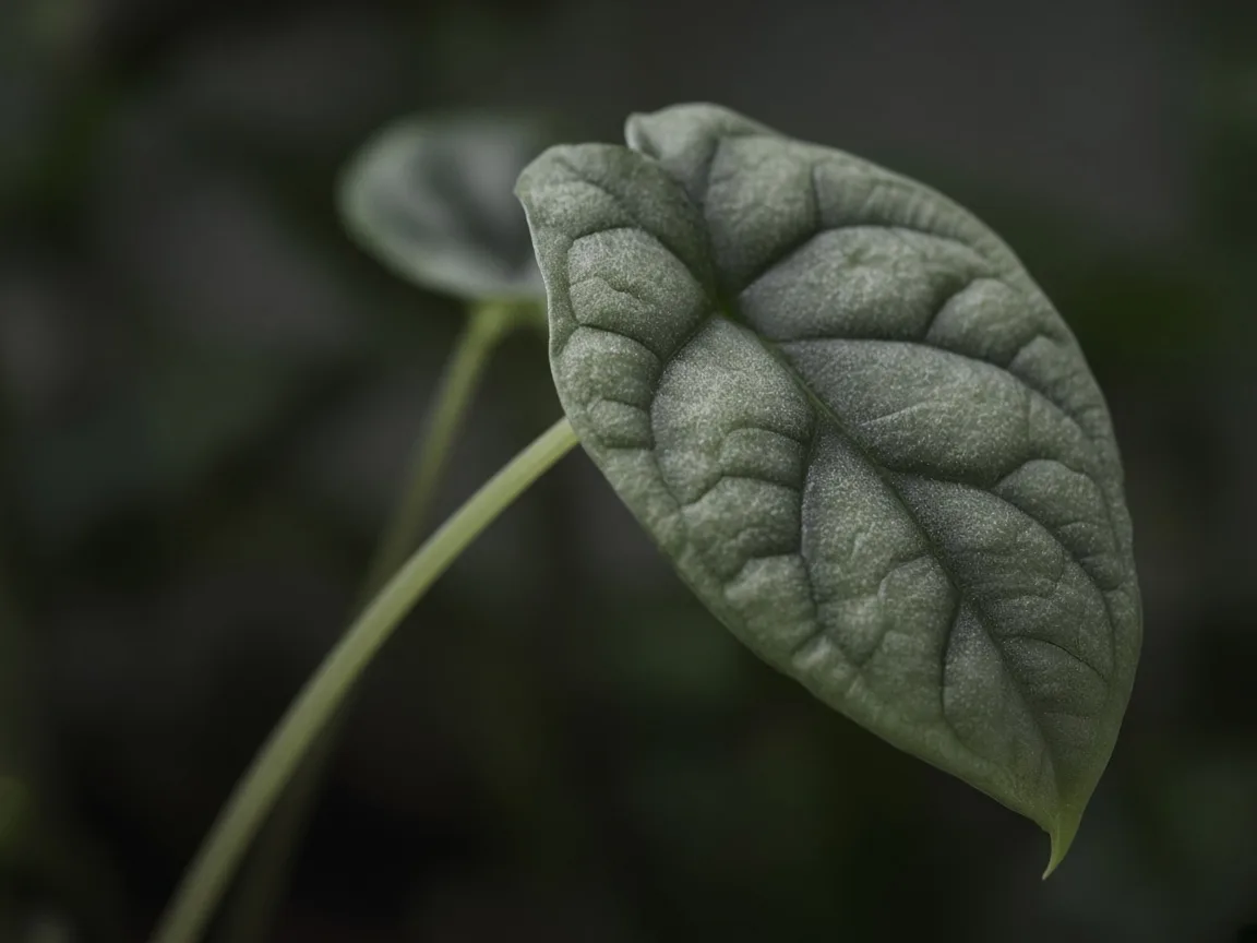 Close-up of a small dull bullate leaf on a long stretched petiole with weak dark veining on Alocasia Silver Dragon