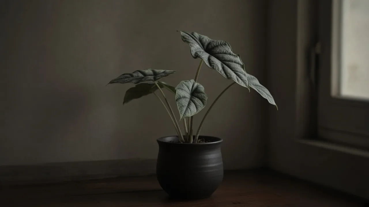 Not enough light on Alocasia Silver Dragon - leggy bullate leaves with faded metallic veining in a dim indoor corner