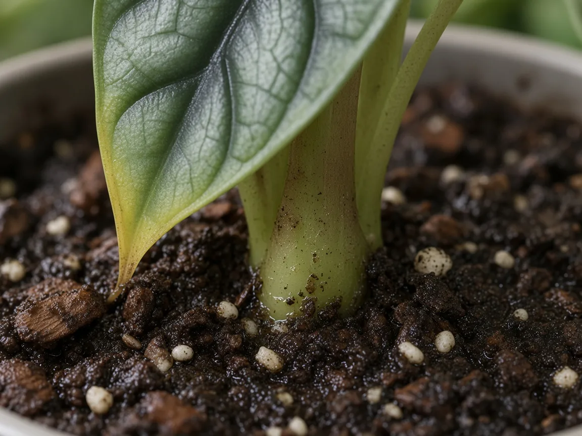 Close-up of overwatering on Alocasia Silver Dragon - soft yellowing petiole base on wet mix