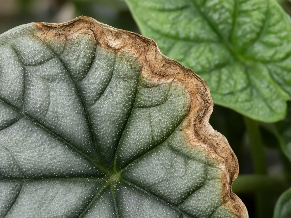 Close-up of potassium deficiency on Alocasia Silver Dragon - scorched margin on older bullate leaf