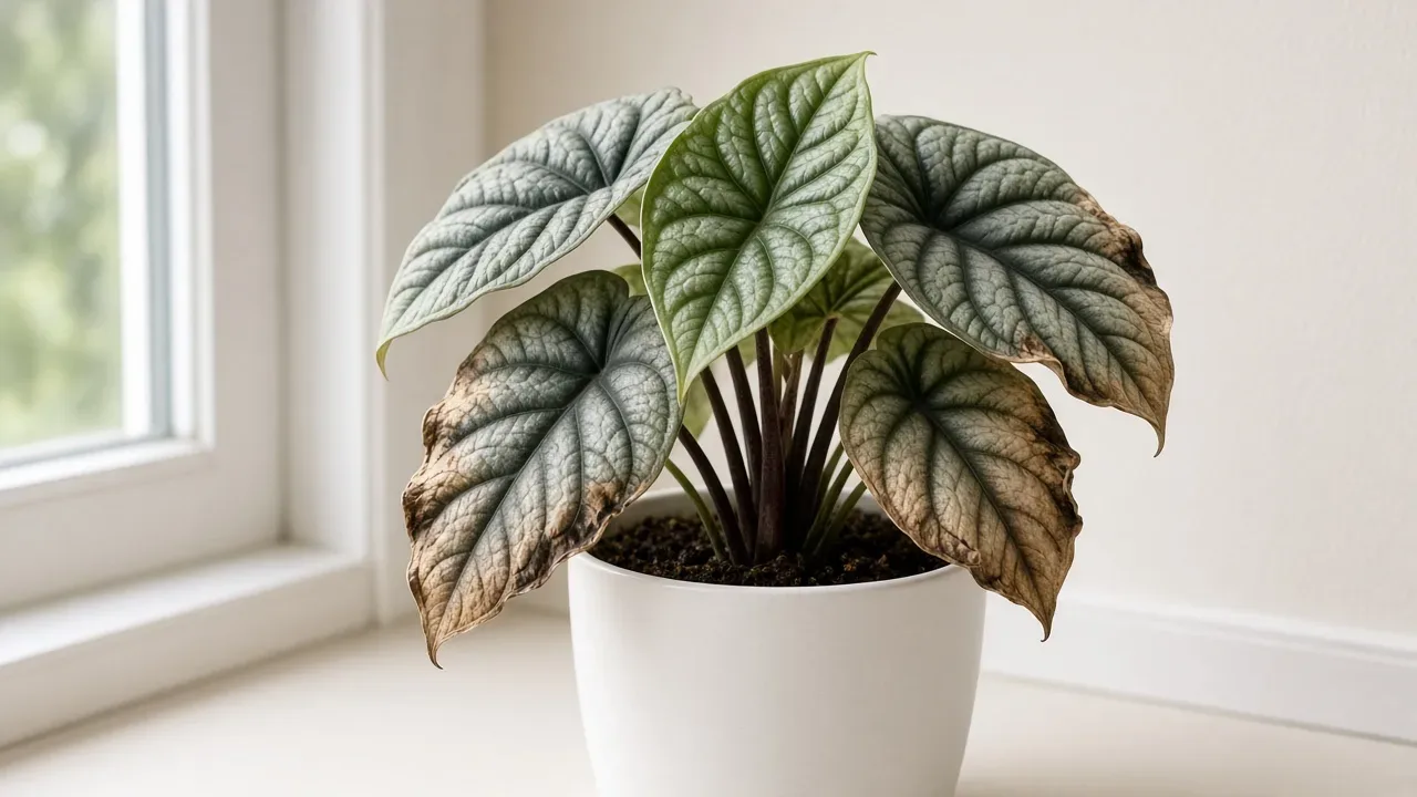 Potassium deficiency on Alocasia Silver Dragon - tan scorched margins on older silvery bullate leaves while new crown foliage stays greener