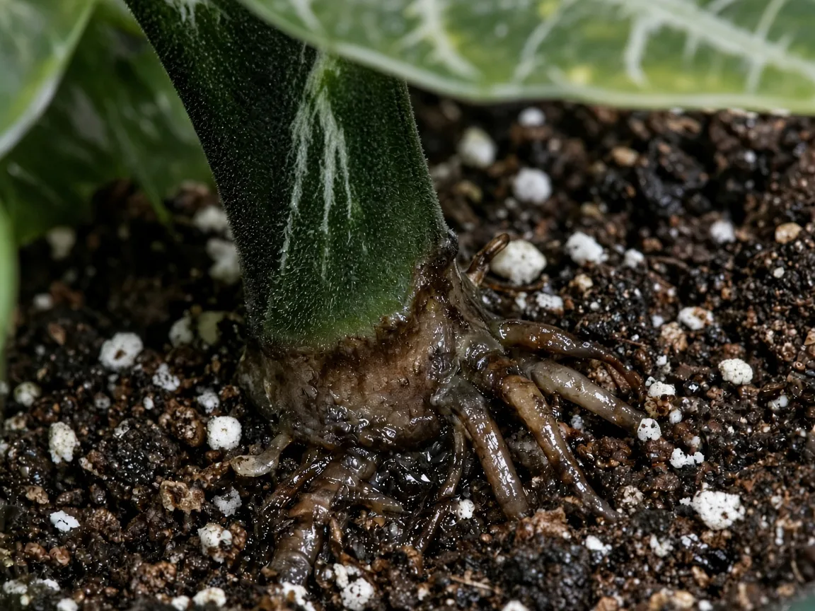 Close-up of Root Rot on Alocasia Silver Dragon - diagnostic detail