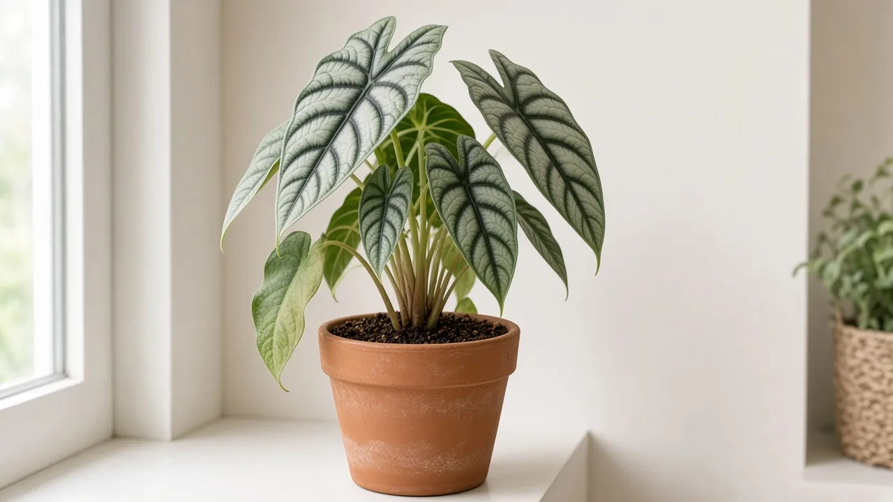 An Alocasia Silver Dragon with yellowing foliage associated with a root-zone problem