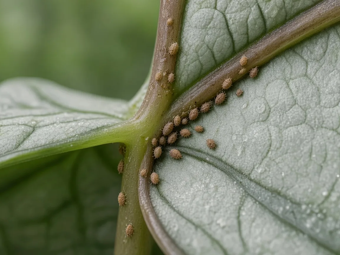 Close-up of scale insects on Alocasia Silver Dragon - tan bumps on petiole at quilted bullate leaf underside