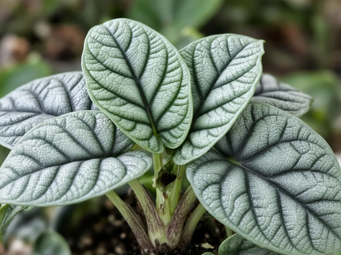 Close-up of Alocasia Silver Dragon crown with no new bullate spear and only two older silvery quilted leaves held on firm petioles