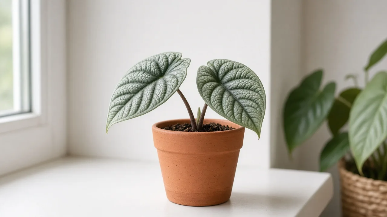 Slow growth on Alocasia Silver Dragon - compact jewel alocasia with only two silvery bullate leaves and no new spear at the crown