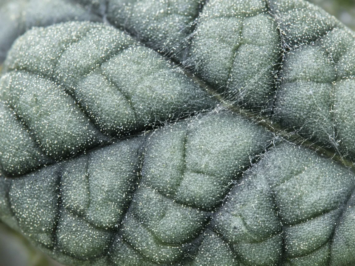 Close-up of spider mites on Alocasia Silver Dragon - yellow stippling in bullate leaf texture with fine webbing