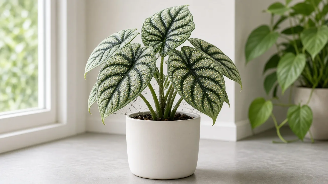 An Alocasia Silver Dragon showing stippling and fine webbing associated with spider mites