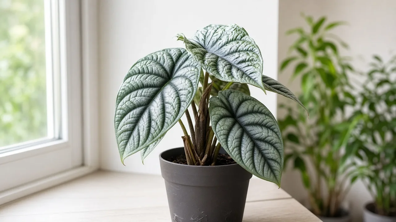 Thrips on Alocasia Silver Dragon - silvery streaks and rippled bullate leaves on compact jewel alocasia