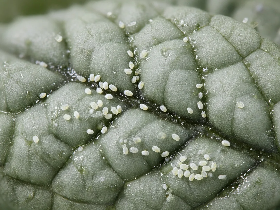 Close-up of whitefly nymphs and sticky honeydew on the bullate leaf underside of Alocasia Silver Dragon along dark veins
