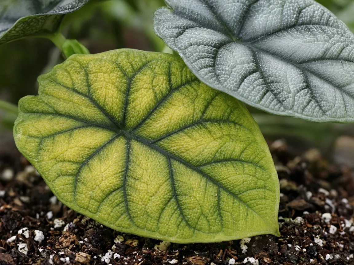 Close-up of yellow leaves on Alocasia Silver Dragon - fading yellow-green lower bullate leaf beside firm silvery upper blade