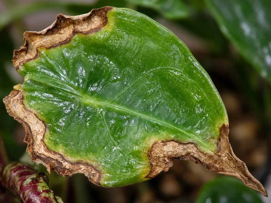 Close-up of brown leaf damage on Alocasia Stingray ray-tail foliage