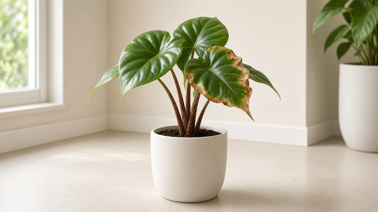 Brown Leaves on Alocasia Stingray - crispy brown margins on round ray-tail elephant ear foliage