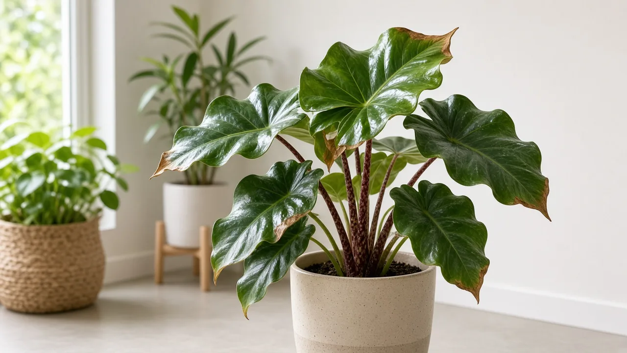 Brown, dry tips on Alocasia foliage; the damaged edge alone does not identify the cause.