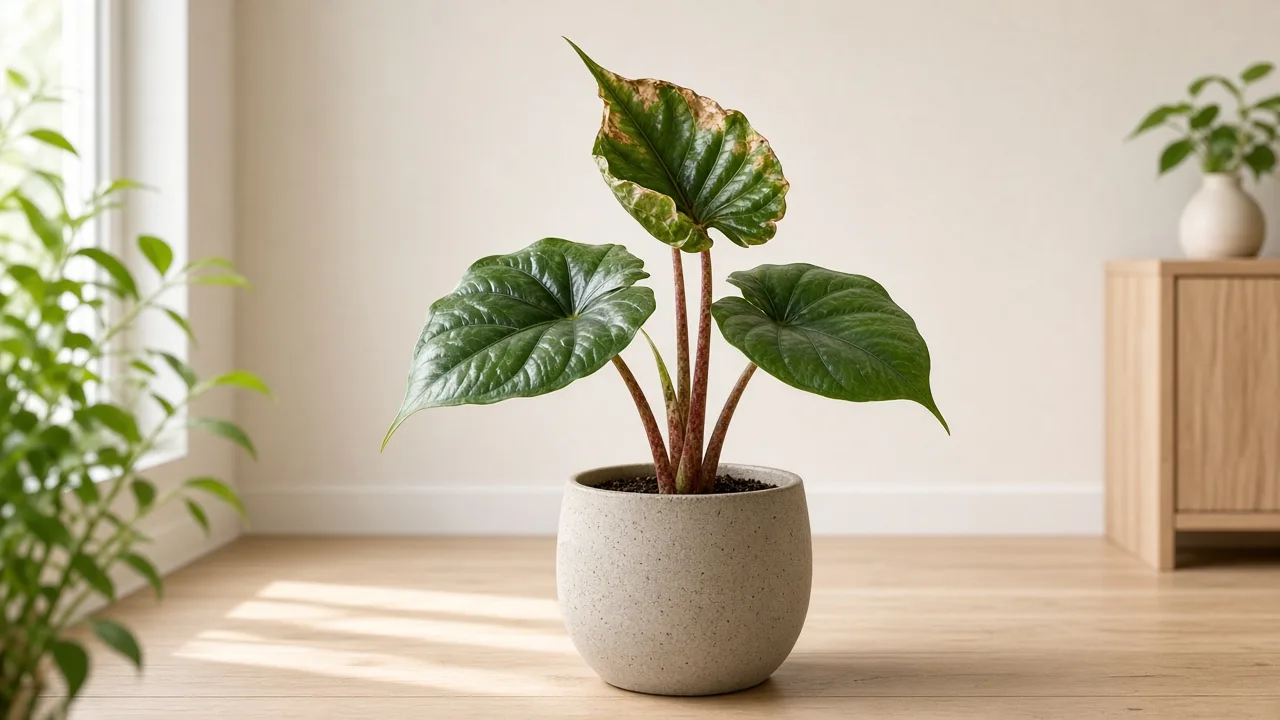 Calcium deficiency on Alocasia Stingray - cupped new ray-tail leaf on upright red-mottled petiole