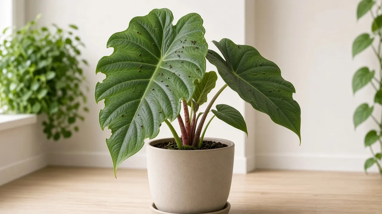 Caterpillars on Alocasia Stingray - ragged chewed notches on round ray-tail elephant ear leaves with dark frass pellets
