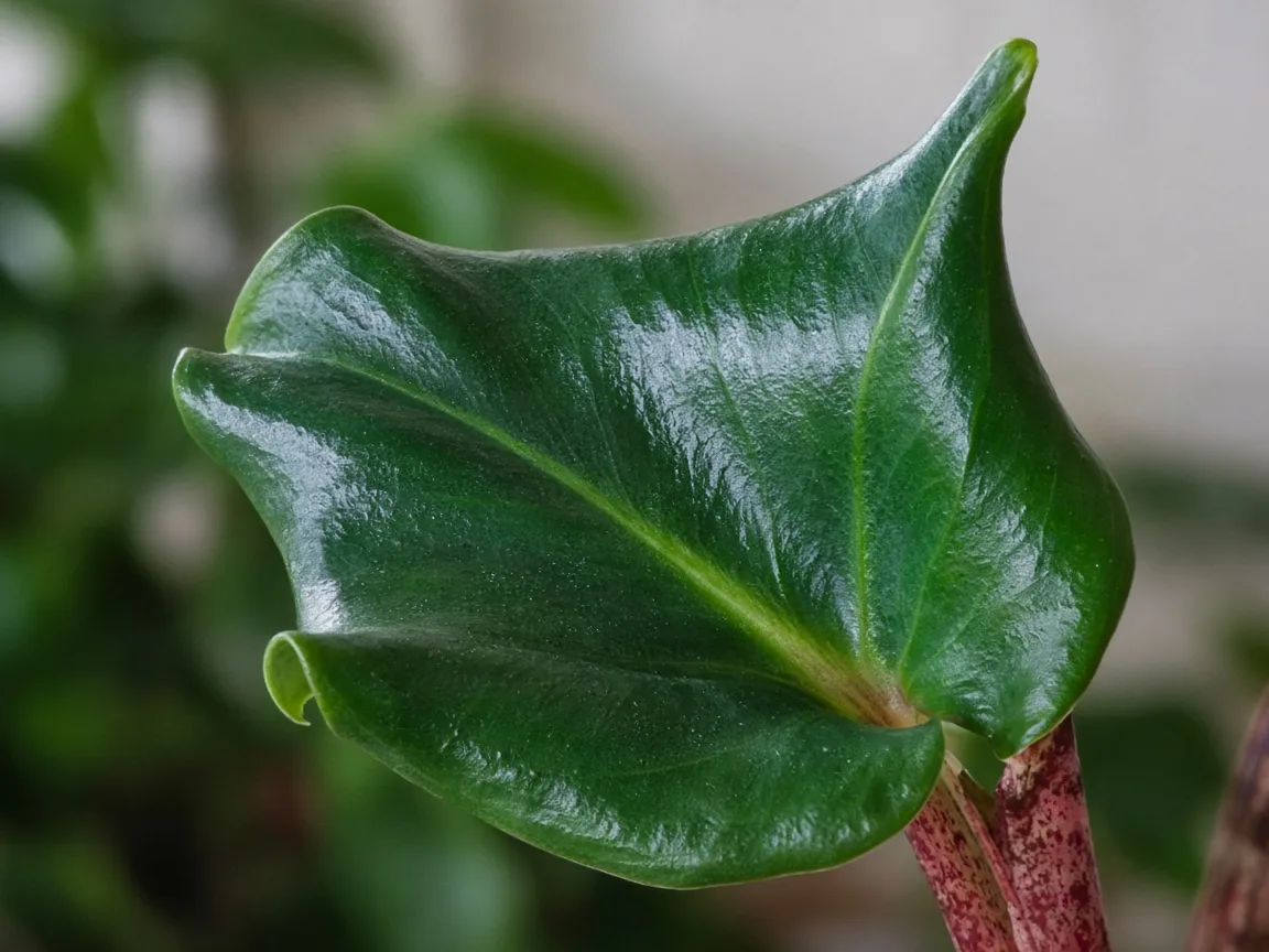 Close-up of curling leaves on Alocasia Stingray - cupped round ray-tail leaf surface