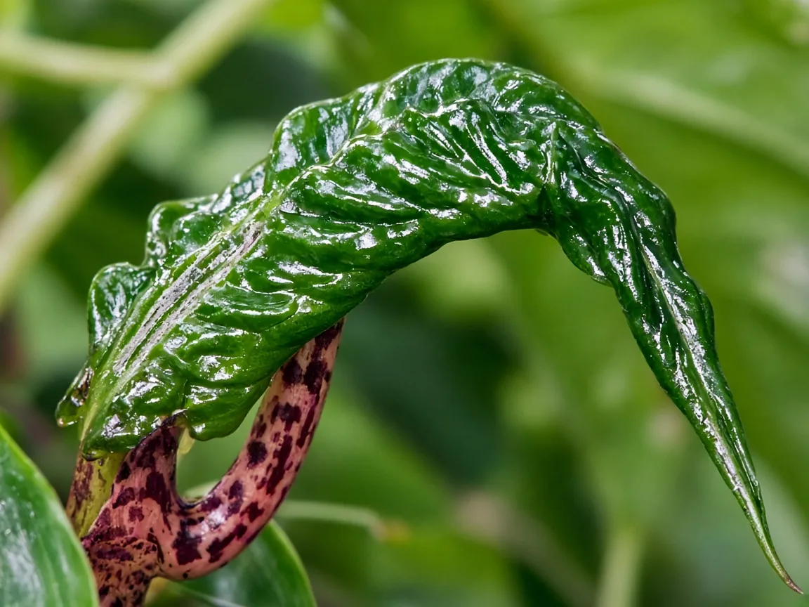 Close-up of distorted leaves on Alocasia Stingray - rippled ray-tail blade with a bent petiole where the spear scraped a wall during unfurling