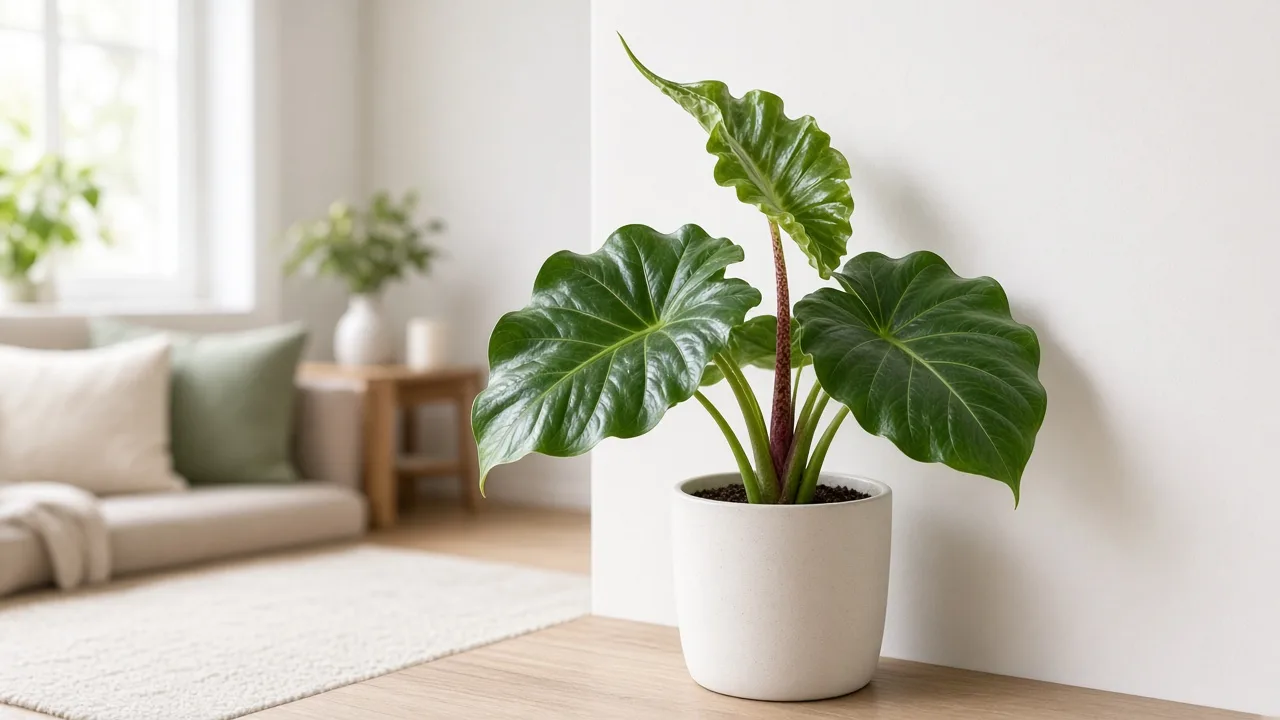 Distorted leaves on Alocasia Stingray - rippled ray-tail blade on upright red-mottled petiole beside a wall