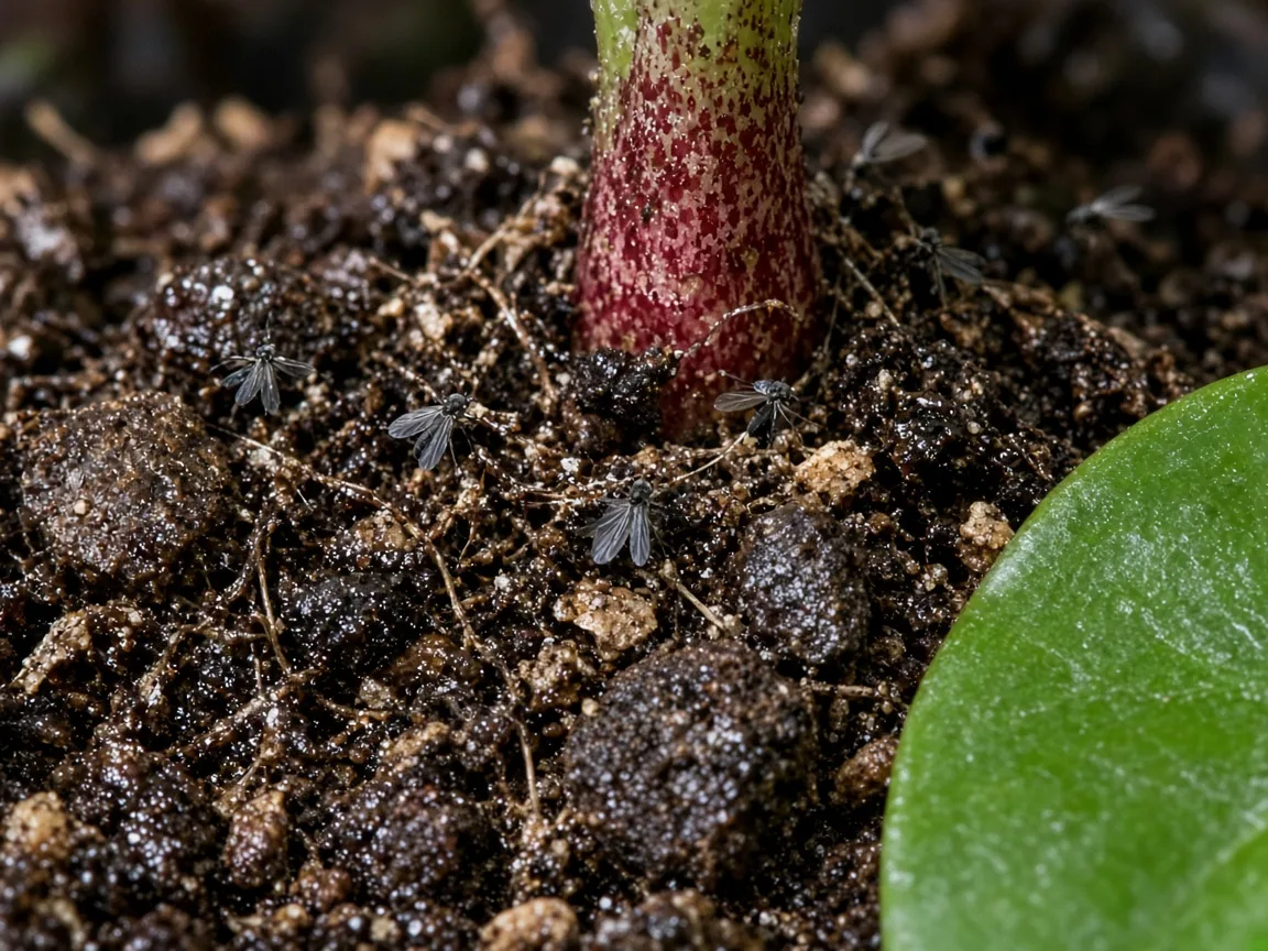 Close-up of fungus gnats on damp aroid mix at the base of Alocasia Stingray round ray-tail leaves
