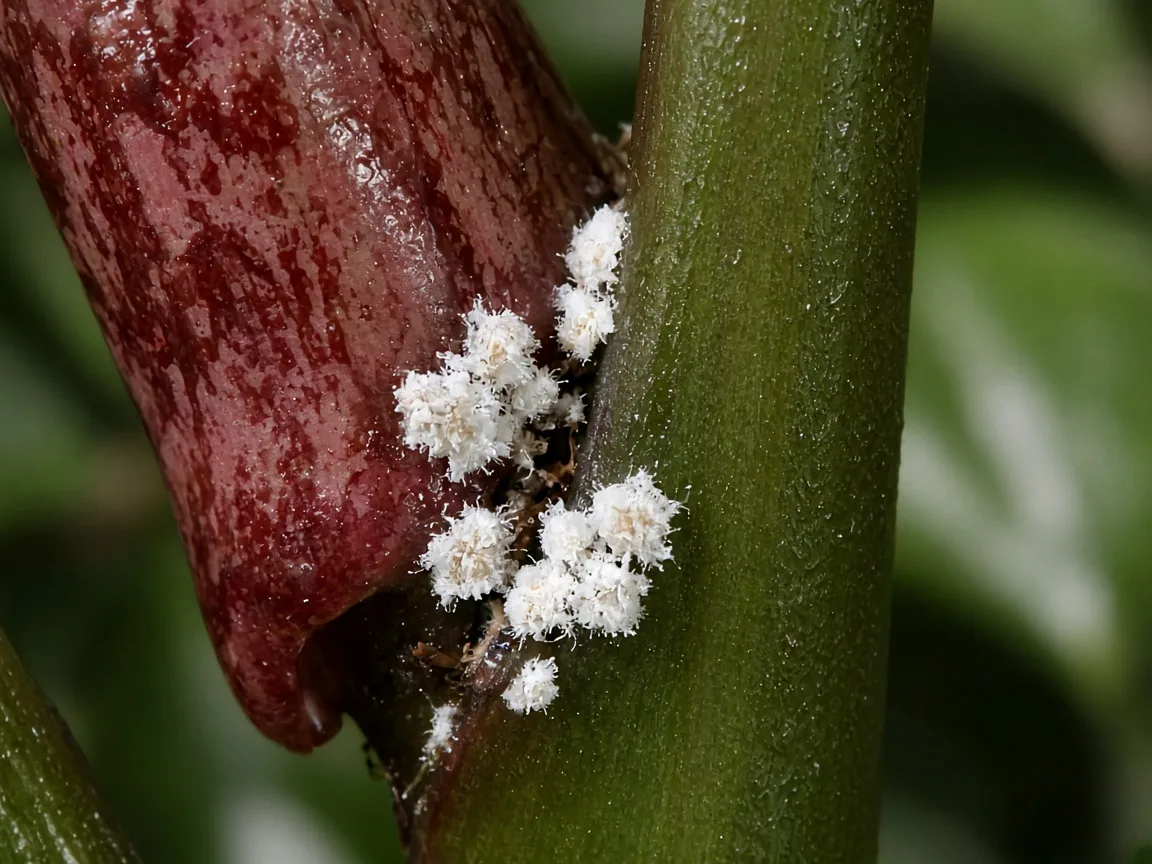 Close-up of white cottony mealybug clusters nestled in an Alocasia Stingray petiole axil