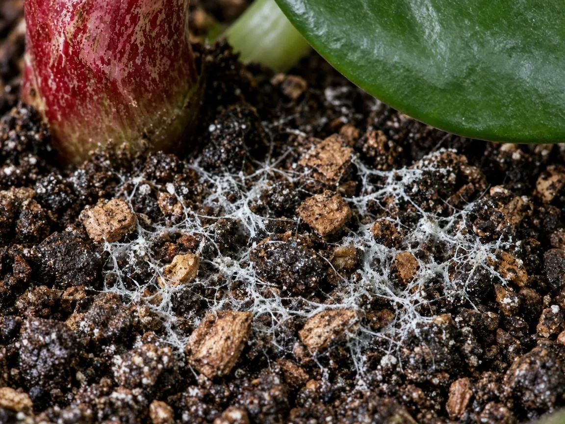 Close-up of mold on soil on Alocasia Stingray - white fuzzy threads on damp bark-peat mix at red-mottled petiole bases