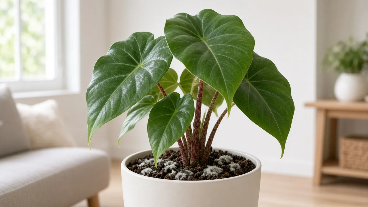 Mold on soil on Alocasia Stingray - white fuzzy growth on damp bark-peat mix at the base of large round ray-tail leaves on red-mottled petioles