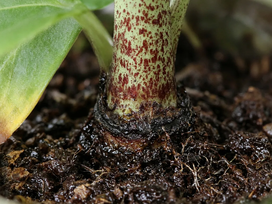 Close view of rot at an Alocasia stem base in saturated potting mix.