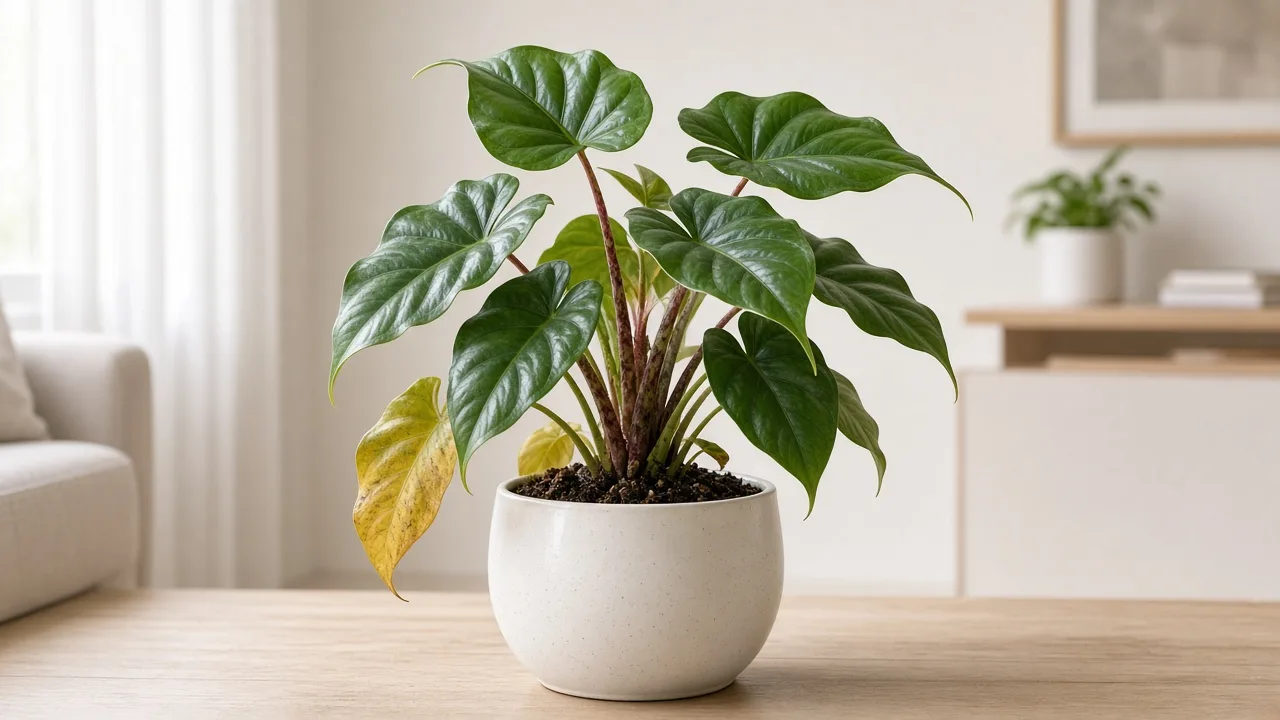 Root rot on Alocasia Stingray - yellowing ray-tail leaves and soft petiole bases on wet aroid mix in a floor pot