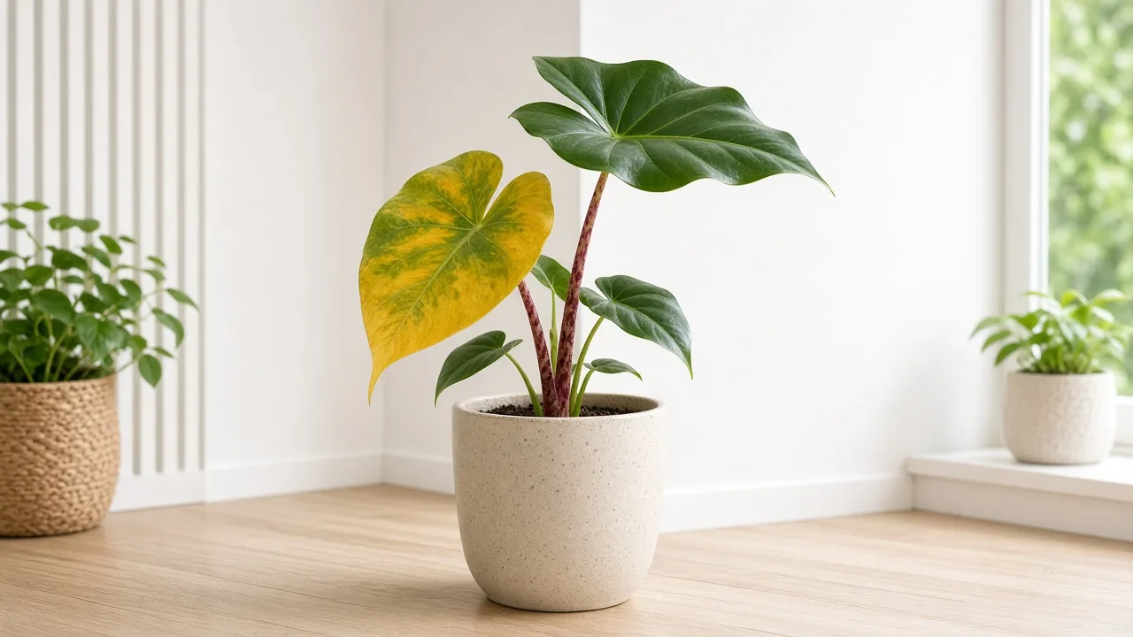 Yellow leaves on Alocasia Stingray - oldest ray-tail leaf fading yellow on firm red petiole in a floor pot
