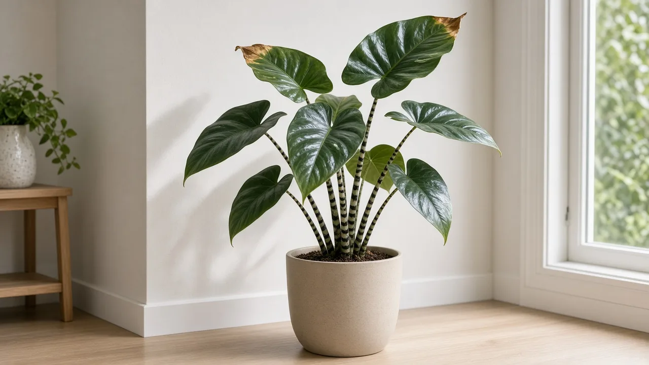 Brown tips on Alocasia Zebrina — dry tan margins on glossy arrow-shaped leaves above zebra-striped petioles