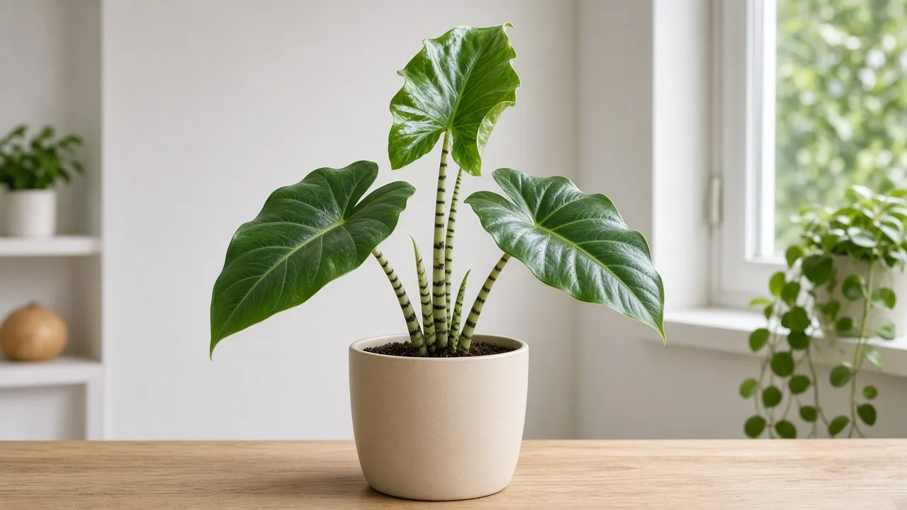 Calcium deficiency on Alocasia Zebrina - cupped margins on a new unfurling arrow leaf atop a zebra-striped petiole