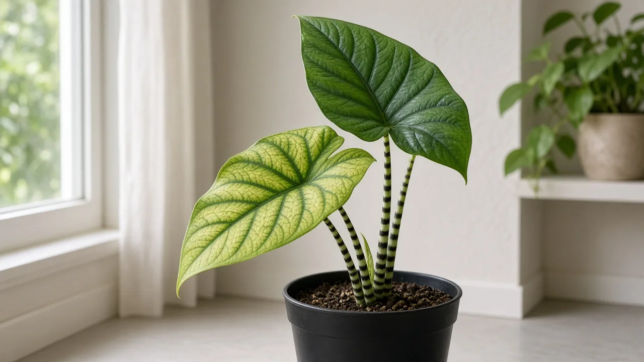 Magnesium deficiency on Alocasia Zebrina - yellow between green veins on the oldest arrow leaf on a zebra-striped petiole