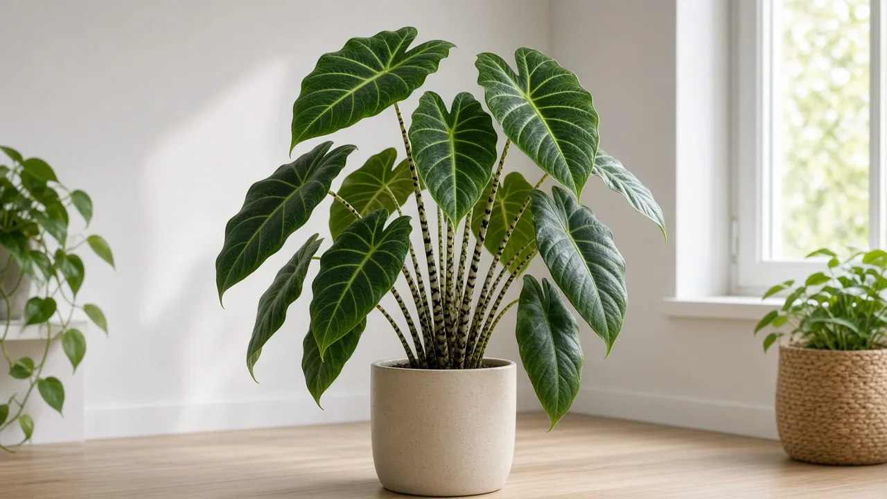 Wilting on Alocasia Zebrina - several arrow-shaped leaves hanging limp on bowed zebra-striped petioles