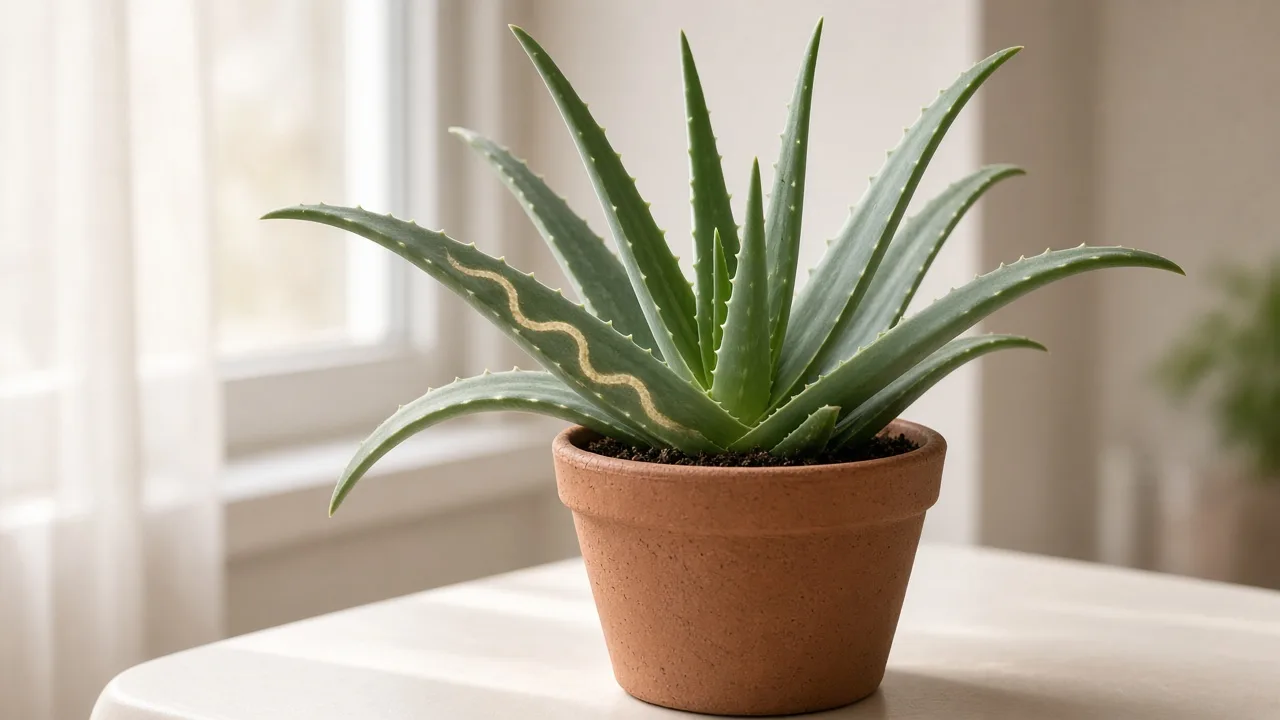 Leaf miners on Aloe Vera - pale serpentine tunnel visible inside a thick gray-green succulent rosette leaf on a terracotta windowsill