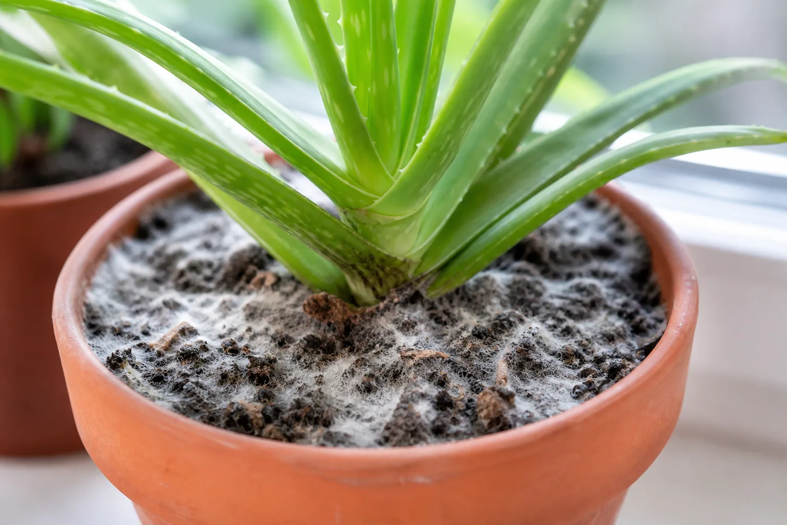 Mold on Soil on Aloe Vera - visible symptom on the plant