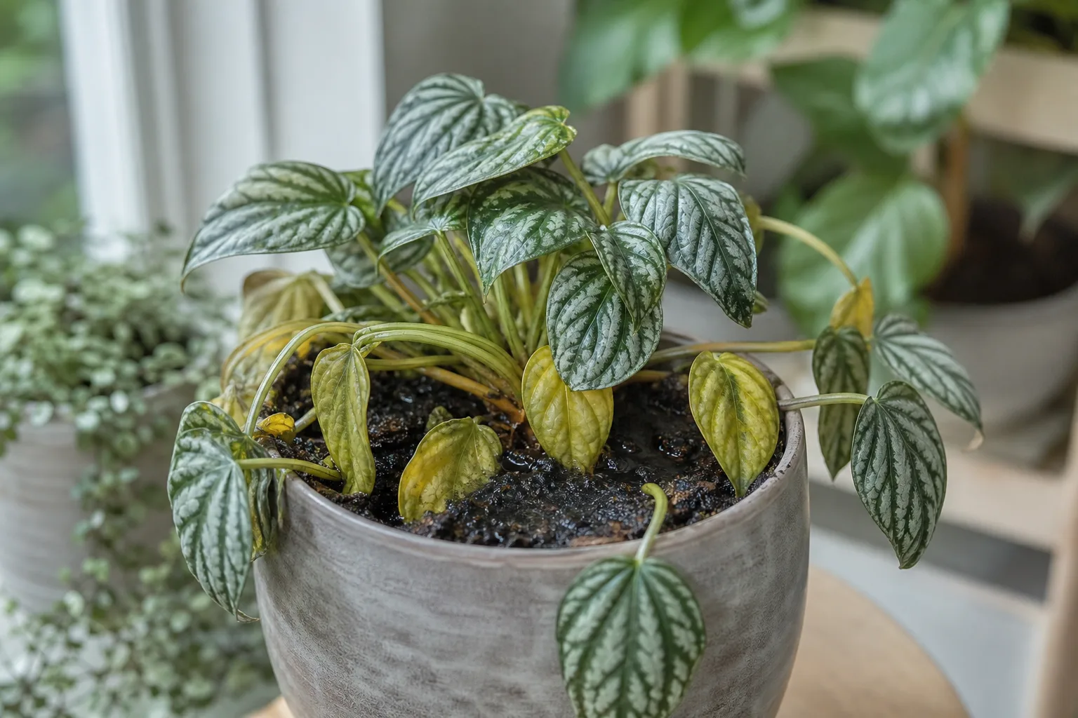Overwatering on Aluminum Plant - visible symptom on the plant