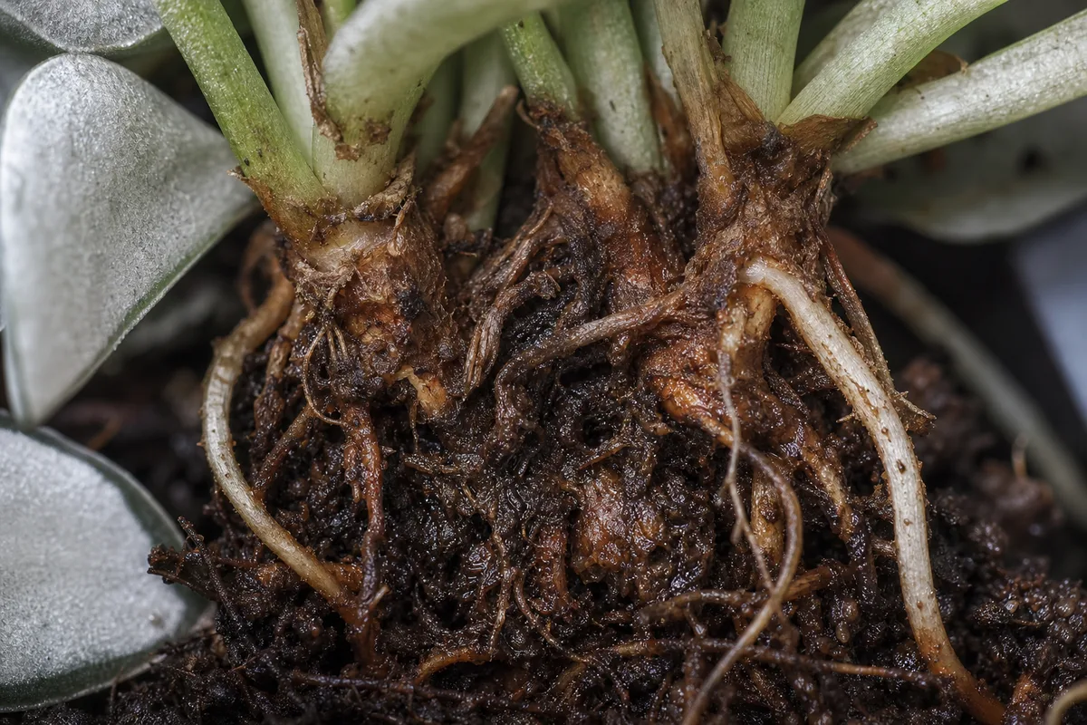 Close-up of Root Rot on Aluminum Plant - diagnostic detail