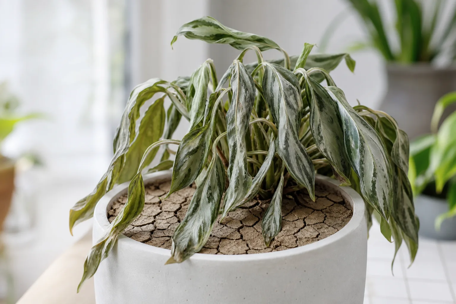 Underwatering on Aluminum Plant - visible symptom on the plant