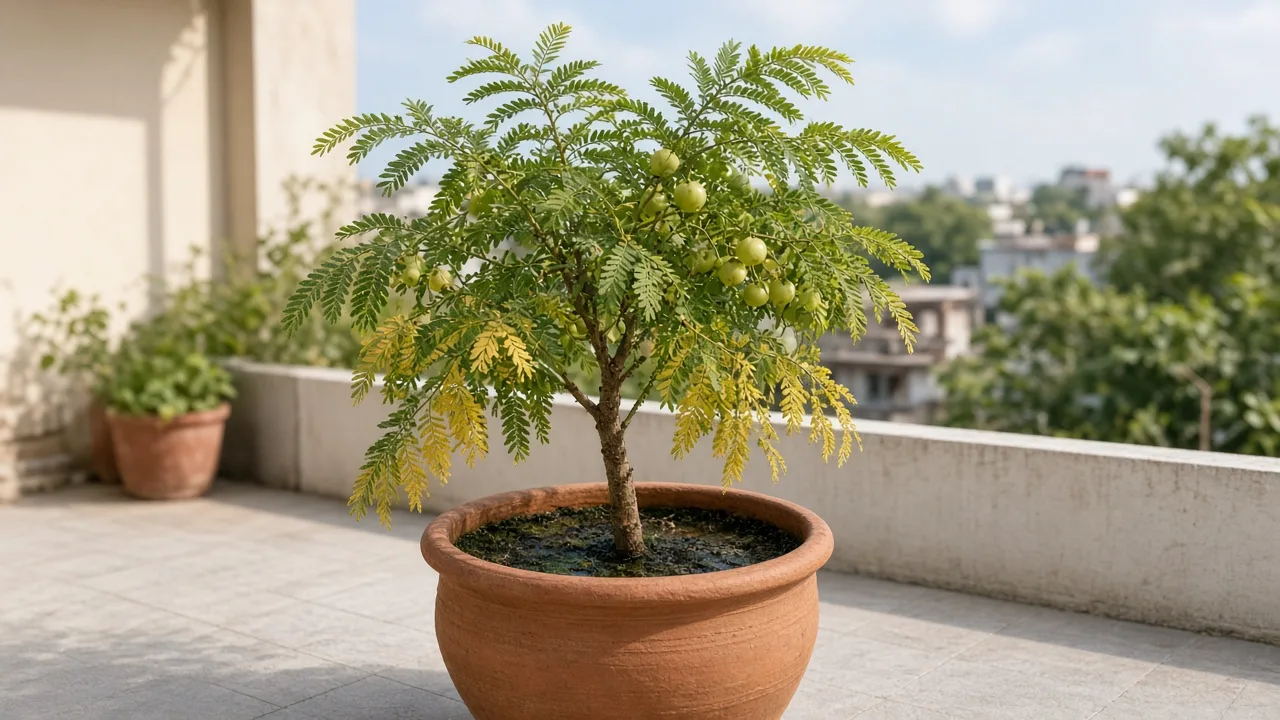 Root rot on Amla - yellow feathery leaves on wet mix in a terrace pot