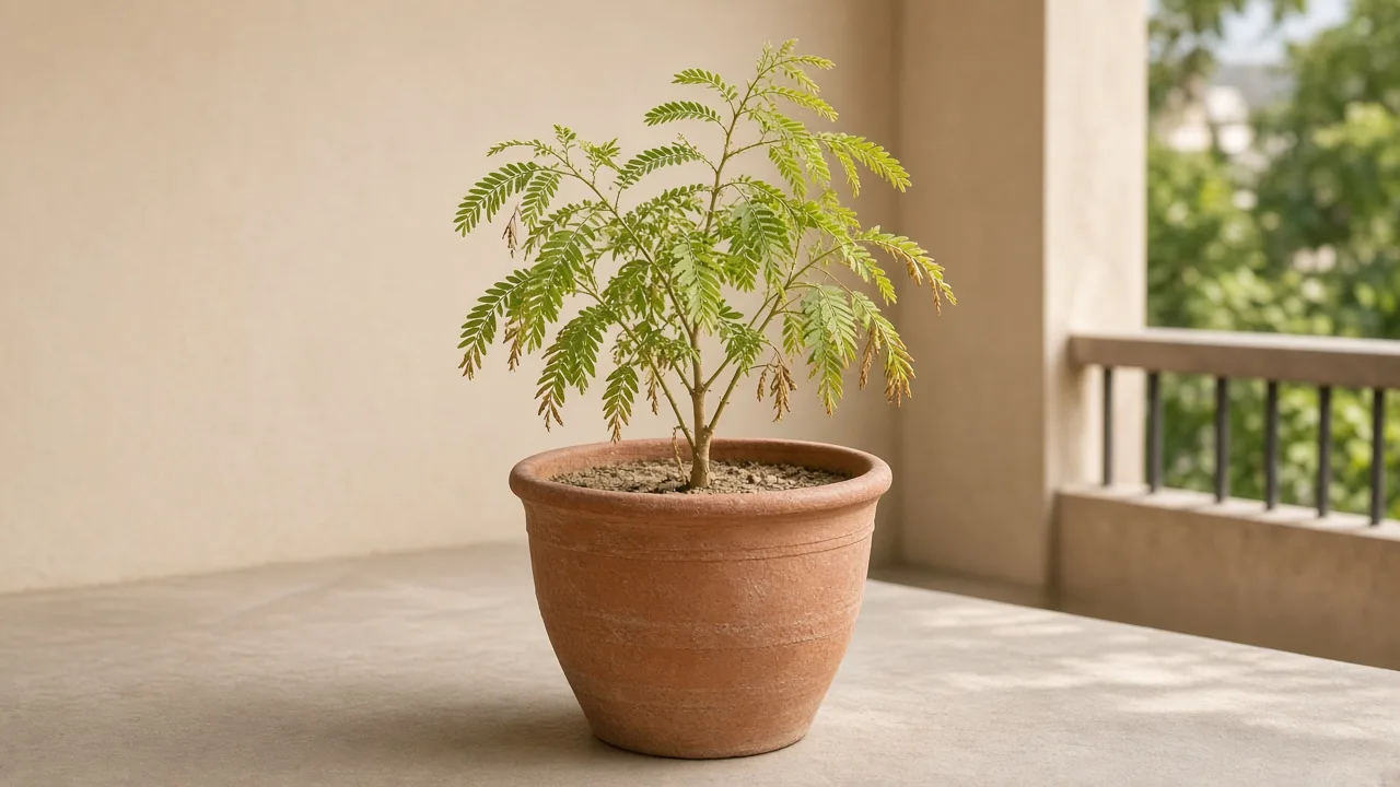 Underwatering on Amla - limp feathery branchlets and crisp leaflet edges on a light terrace pot